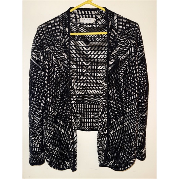 Black Sweaters - Velvet Graham & Spencer Open Cardigan M Black White 100% Cotton High Low